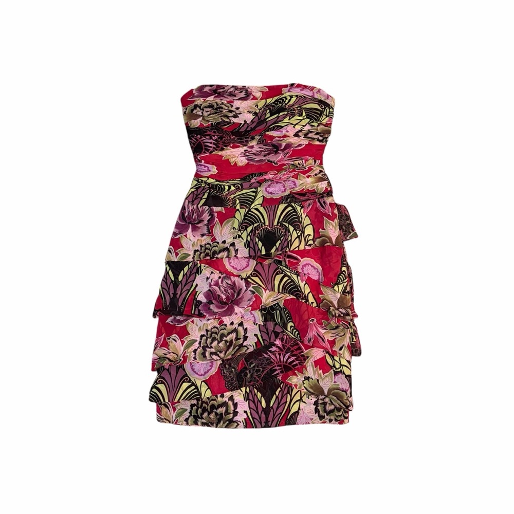 Kay Unger Dress Strapless Mini Floral Ruffle Silk Ruched Bodice Red 4
